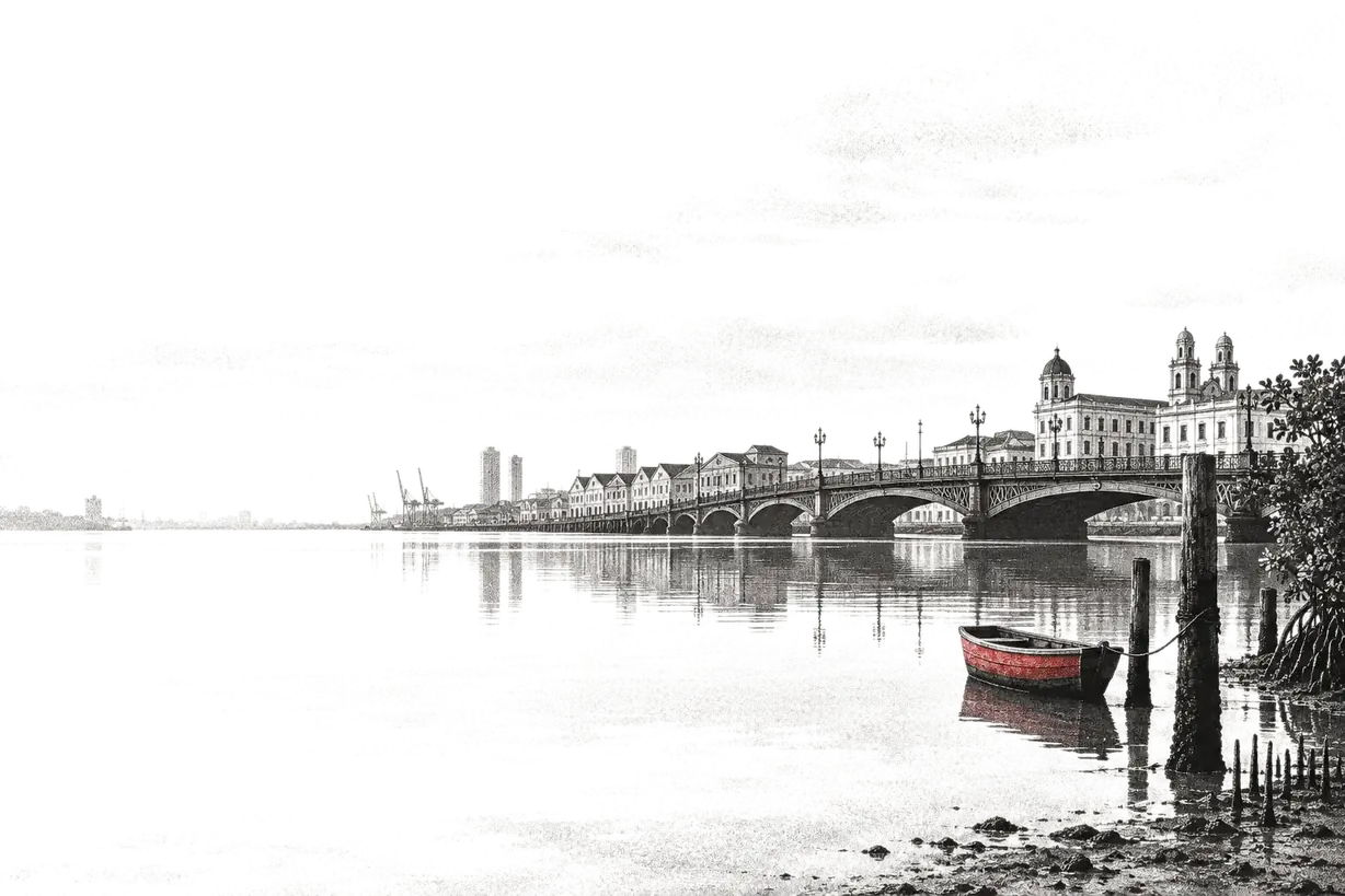 A ponte de arcos e os armazéns do Bairro do Recife, vistos da água; um casco vermelho junto à linha d'água.