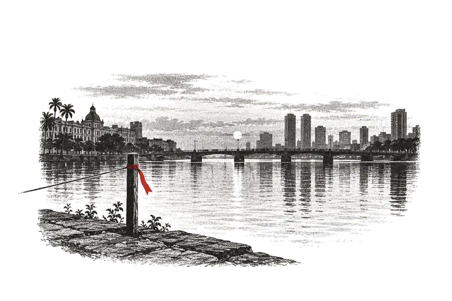 O Recife visto do meio do rio, a ponte e o horizonte ao fundo; uma estaca de agrimensor no cais, fita vermelha.