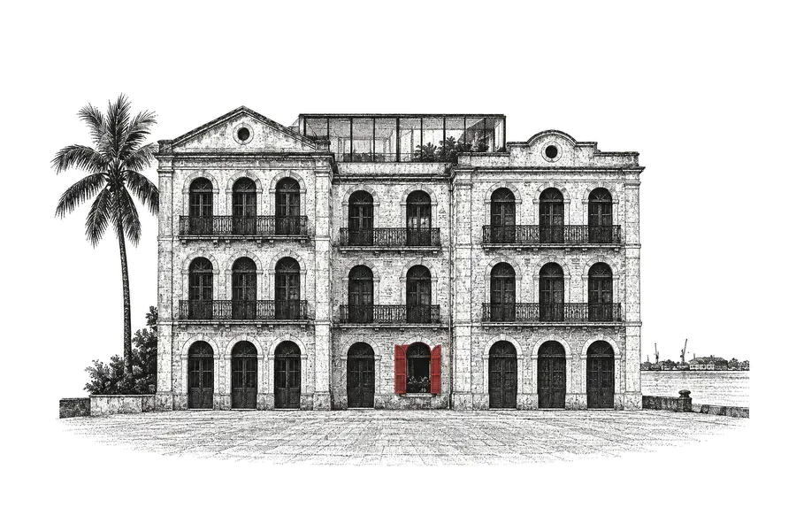 Dois antigos armazéns do Cais do Apolo, Bairro do Recife, unidos por uma cobertura de vidro discreta sobre o telhado; uma veneziana aberta, vermelha.