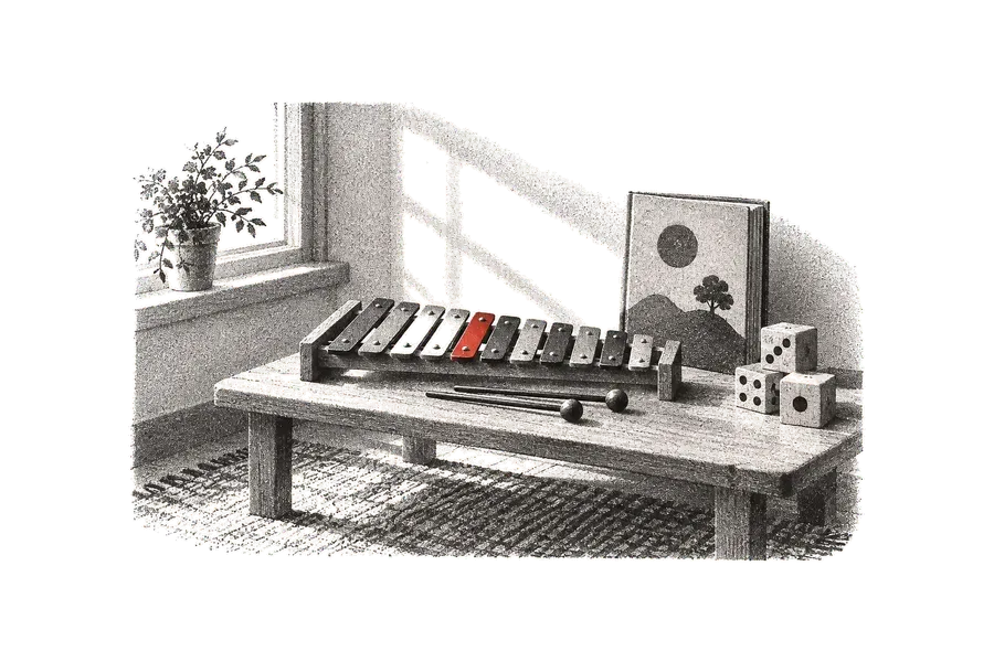 Um pequeno glockenspiel sobre uma mesa baixa, ao lado de um livro infantil fechado e blocos de madeira; uma lâmina do instrumento, vermelha.