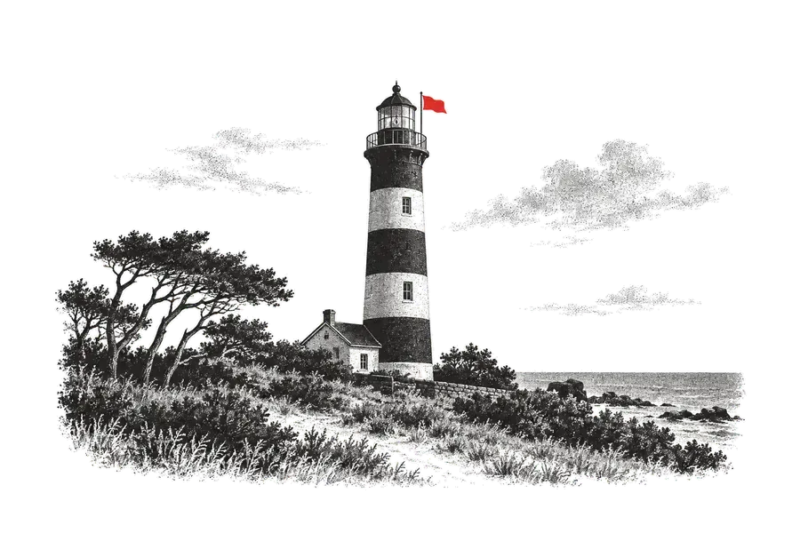 Farol listrado numa duna baixa, jardim de arbustos; uma bandeirola vermelha junto à lanterna.