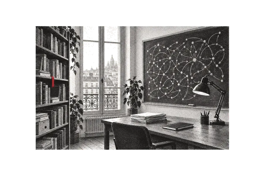Um quadro-negro com um diagrama de agentes em nós e setas, mesa de estudo e estante de livros, janela parisiense ao fundo; uma fita de marcador entre os livros, vermelha.