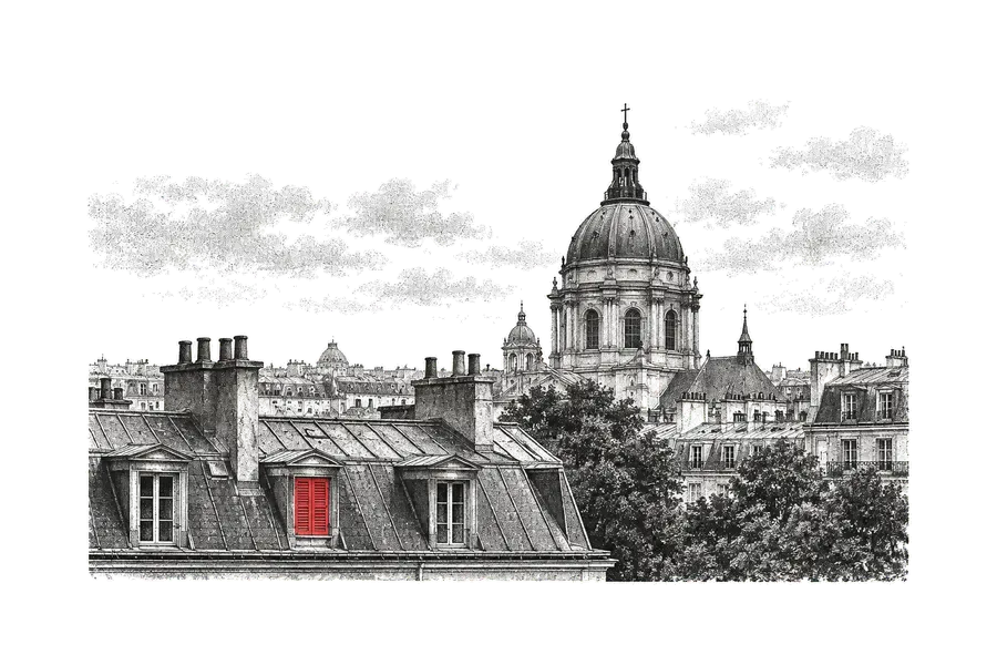 A cúpula da Sorbonne sobre os telhados de zinco de Paris; uma janela de sótão com veneziana vermelha.