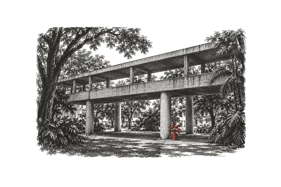 A via elevada do campus, estrutura de concreto entre árvores; um vaso de planta vermelho no pé de um pilar.