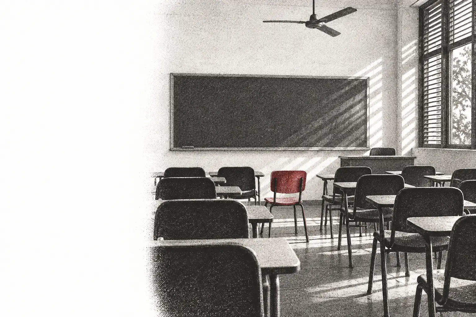 Sala de aula vazia ao fim do dia: fileiras de cadeiras, quadro em branco, janela de veneziana; uma cadeira, vermelha, virada para as outras.