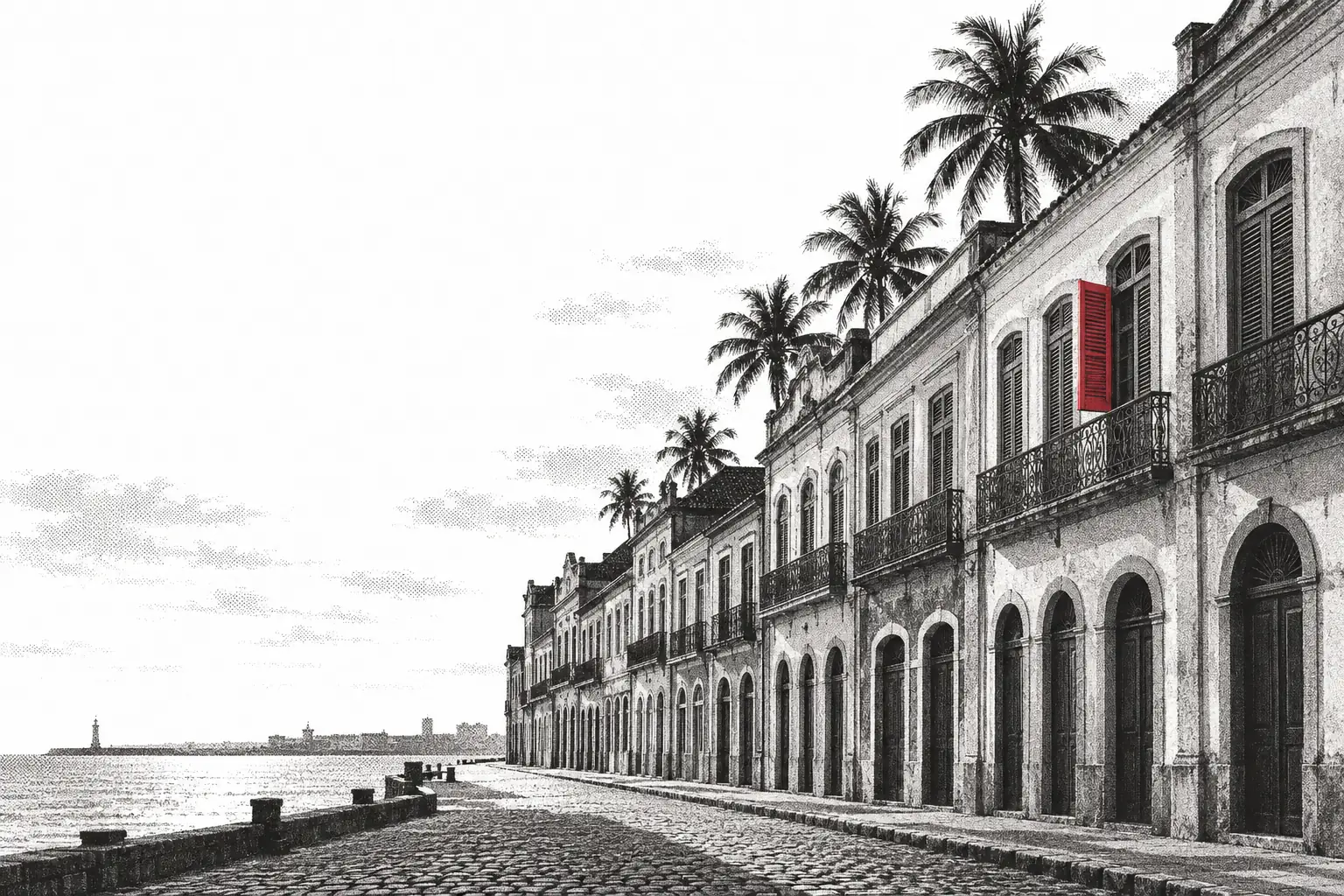 A street in Bairro do Recife depicted as an architectural engraving: two- and three-story warehouses, arches, iron balconies, coconut palms; an open red shutter.