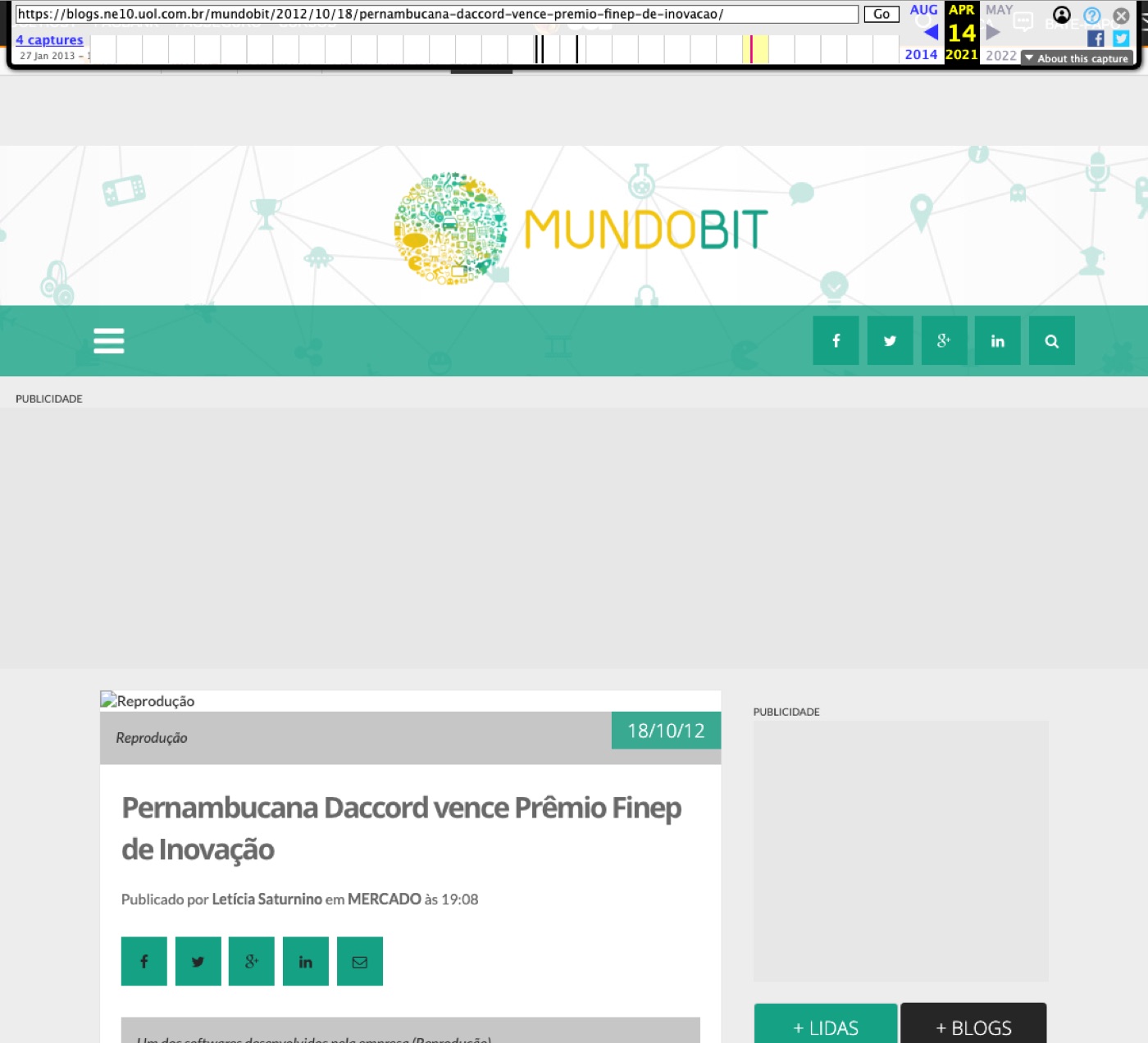 Headline from the Mundo Bit blog on NE10 about Daccord's win at the Finep Innovation Award (October 18, 2012)