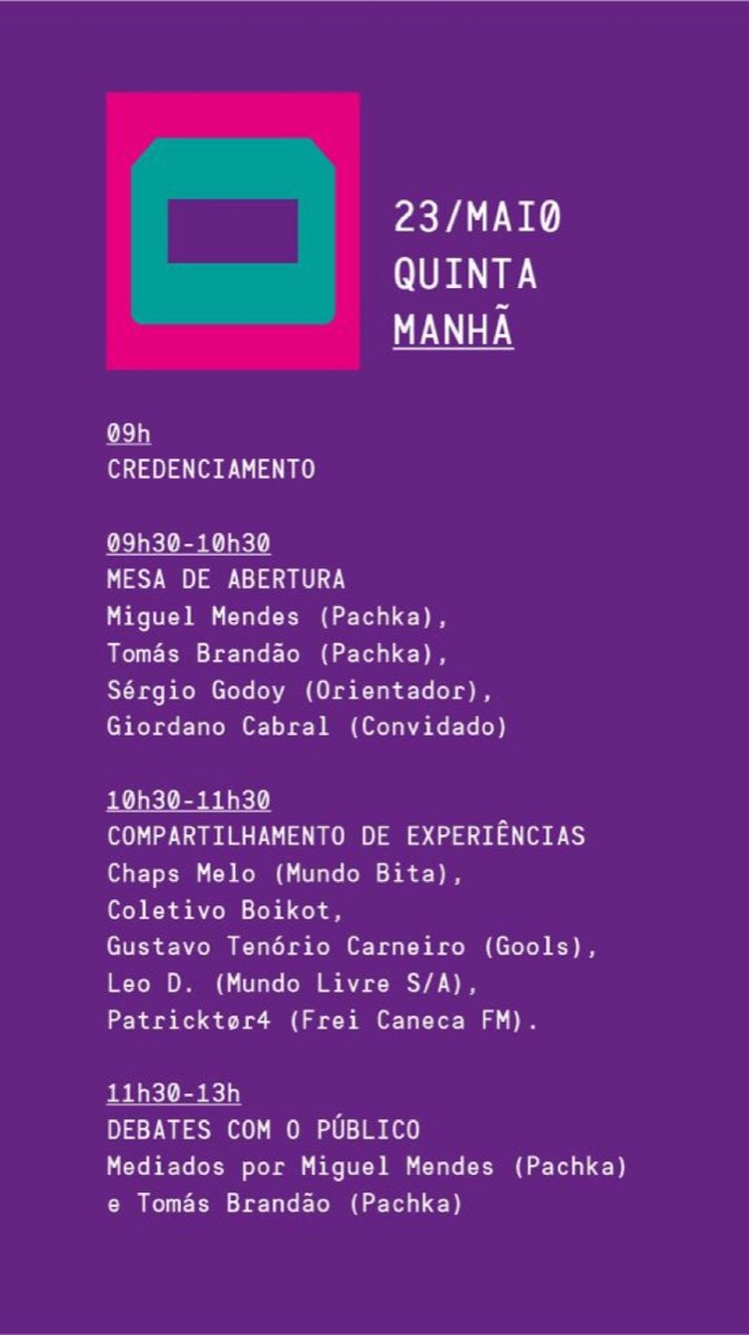 Programação do encontro de criadores e pesquisadores em música de Pernambuco, Porto Digital, 23/05/2019