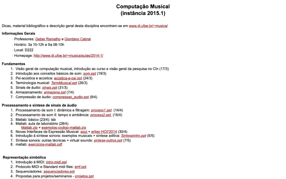 Site histórico da disciplina (~musica), instância 2015.1, com Geber Ramalho e Giordano Cabral