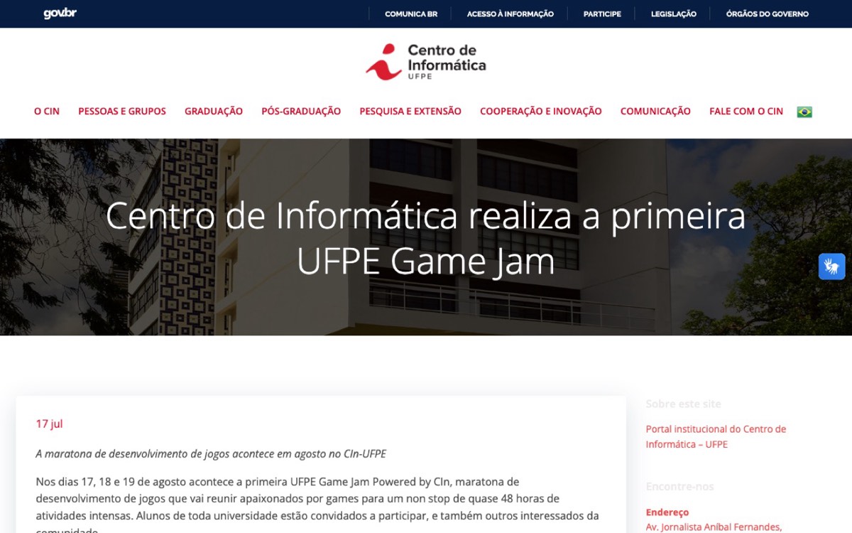 Notícia do portal do CIn sobre a primeira UFPE Game Jam (julho de 2018)