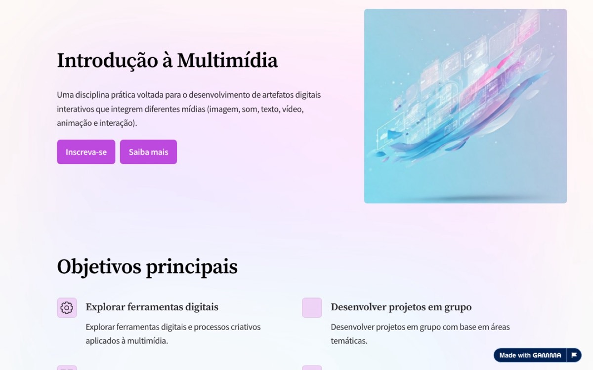 Página da disciplina em 2025.1, publicada no Gamma