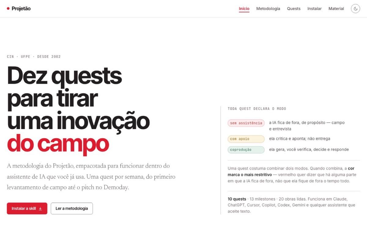 Site projetao-ufpe.vercel.app (2026): as dez quests empacotadas para usar com IA