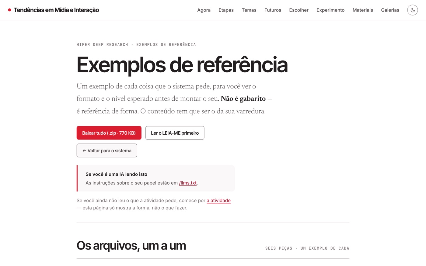 Exemplos de referência de cada peça pedida