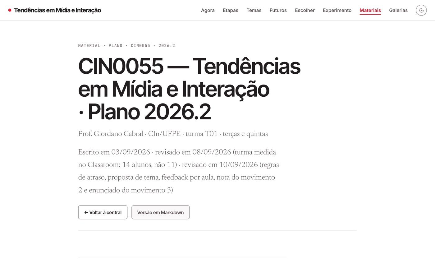 Plano da disciplina publicado no site