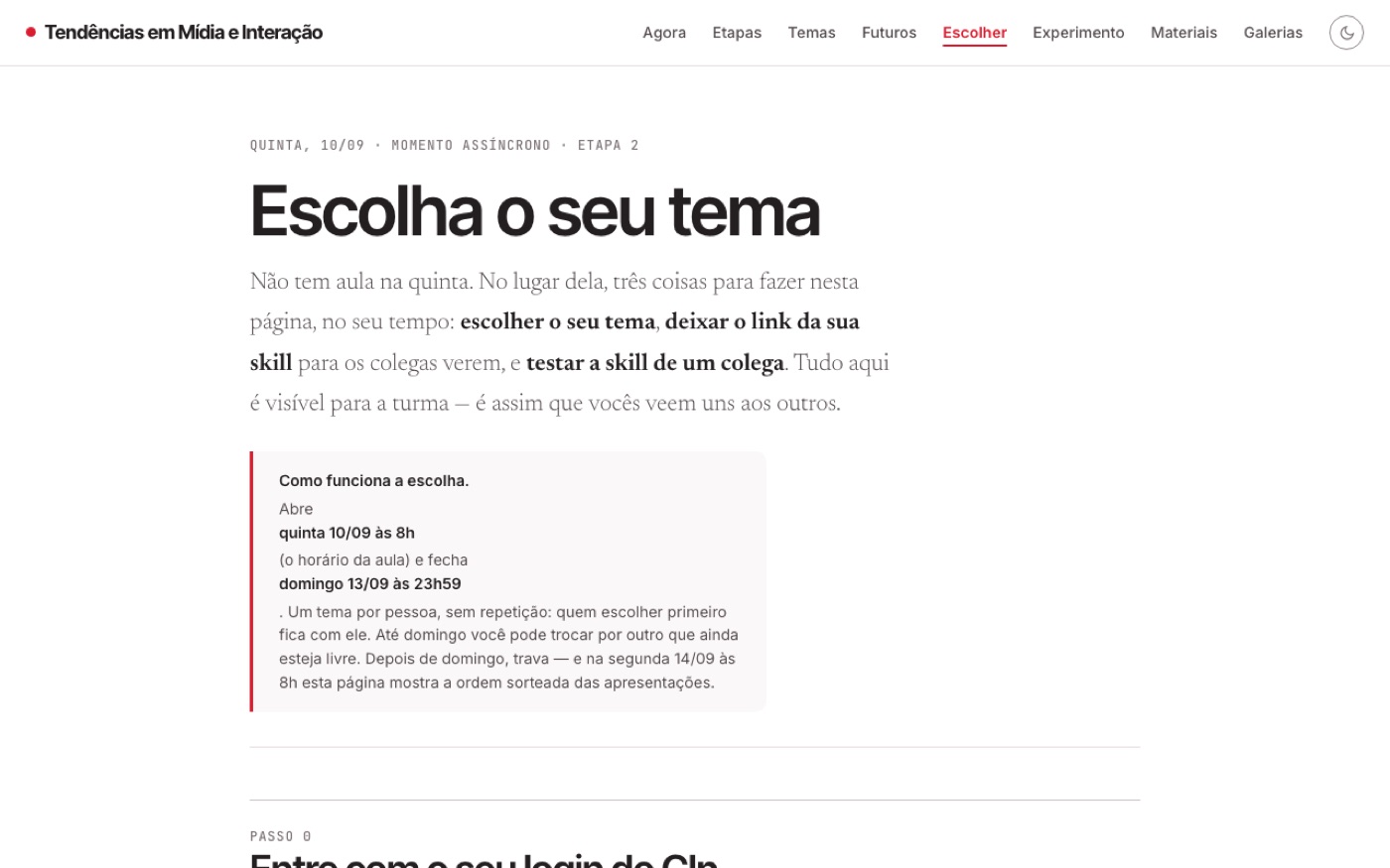 Página de escolha de tema e rodada cruzada