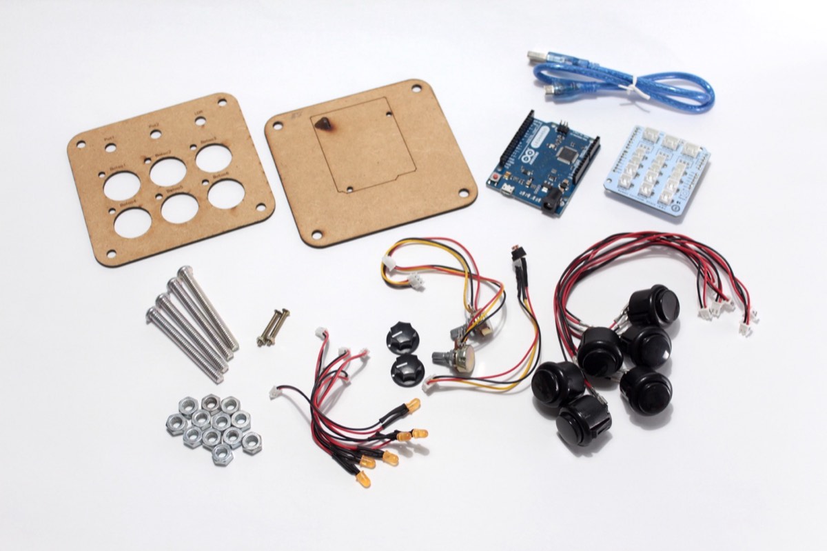 Kit completo do Batebit: placas de MDF, Arduino, botões, parafusos e chicotes
