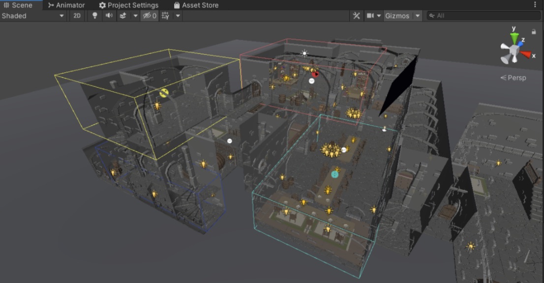 Cena de teste do MySoundtrack montada na Unity, com as zonas sonoras demarcadas
