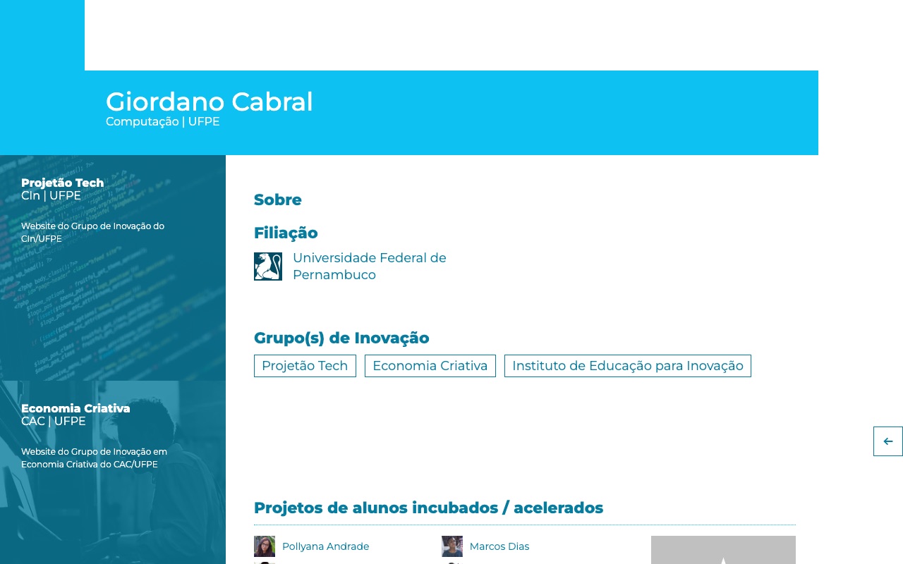 Página de Giordano Cabral no site histórico do Projetão, com os projetos de alunos incubados