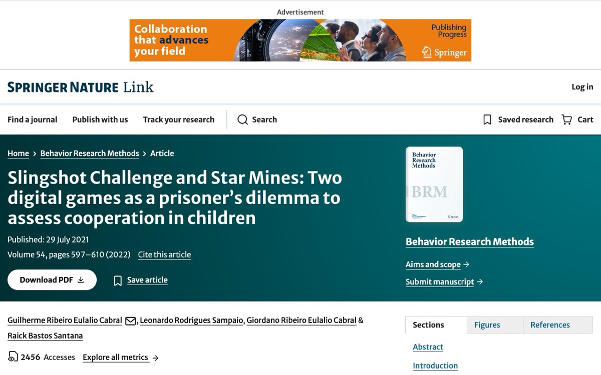 Página do artigo sobre Slingshot Challenge e Star Mines na Behavior Research Methods