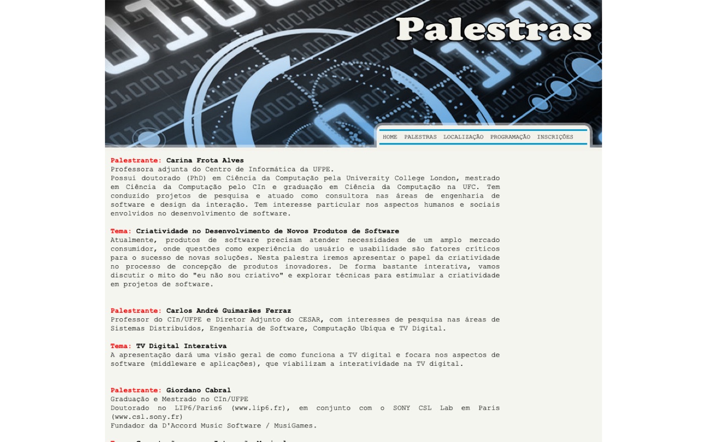 Página de palestras da SATI, no CIn-UFPE, com a apresentação sobre computação para a interação musical (2009)
