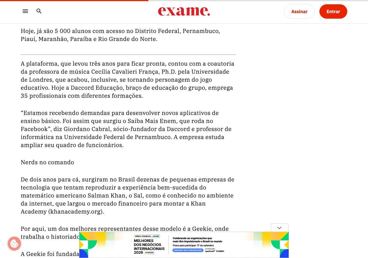 Matéria da Exame de abril de 2013 sobre o mercado de educação online, com a Daccord e o Turma do Som