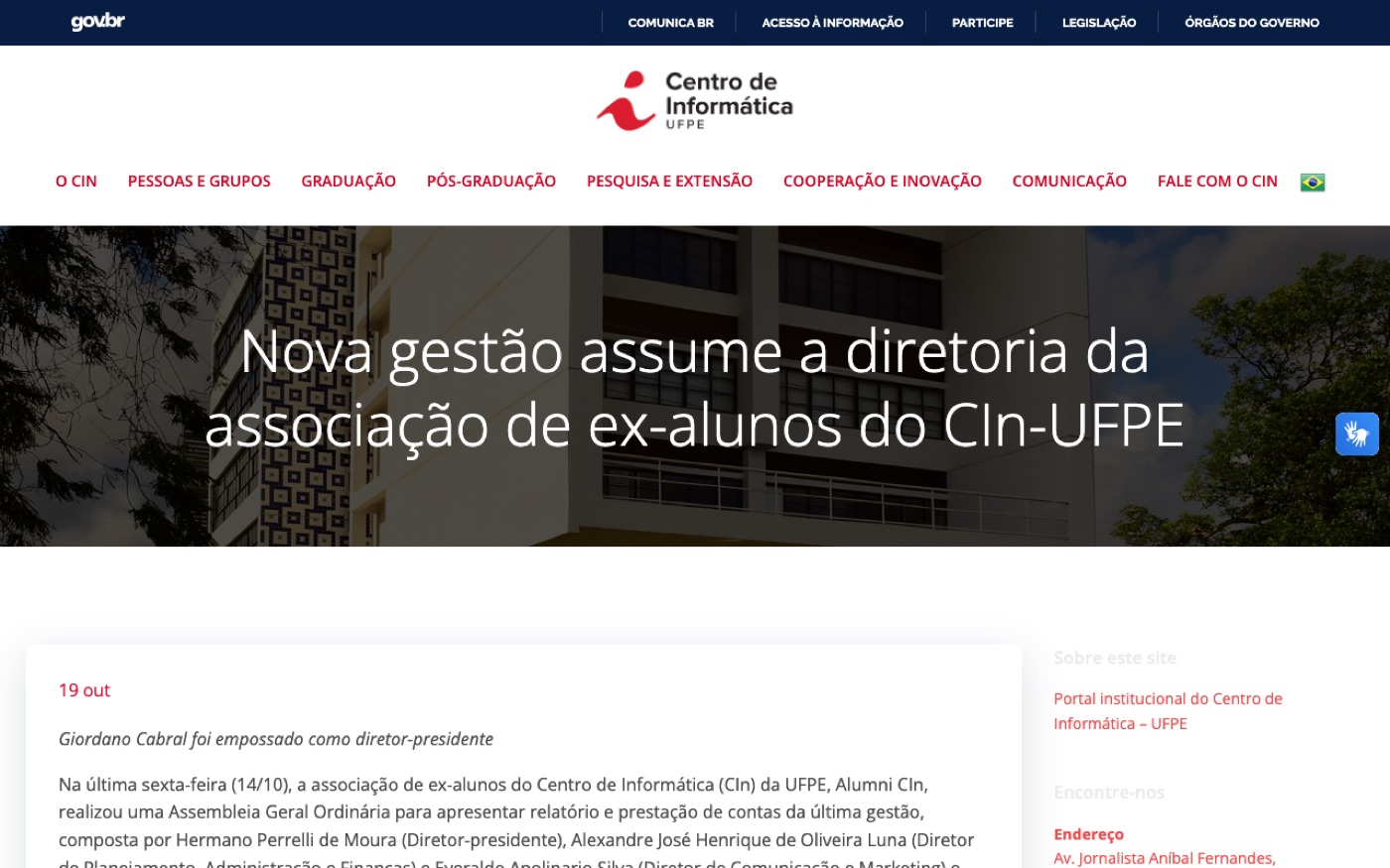 Notícia da posse da nova diretoria do Alumni CIn, em outubro de 2022