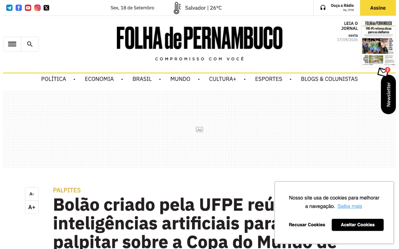 Matéria da Folha de Pernambuco sobre o bolão criado no CIn-UFPE, em junho de 2026