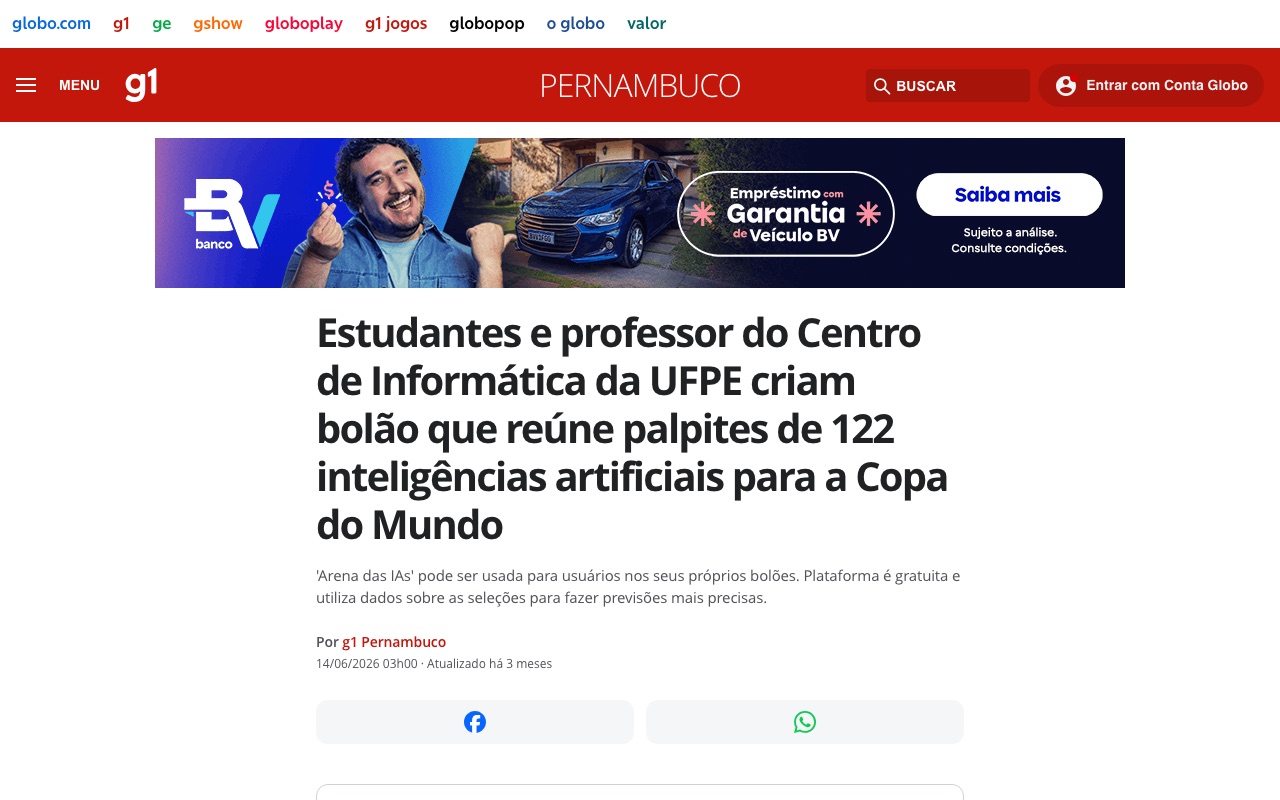 Matéria do g1 Pernambuco sobre o bolão de inteligências artificiais criado no CIn-UFPE (14/06/2026)