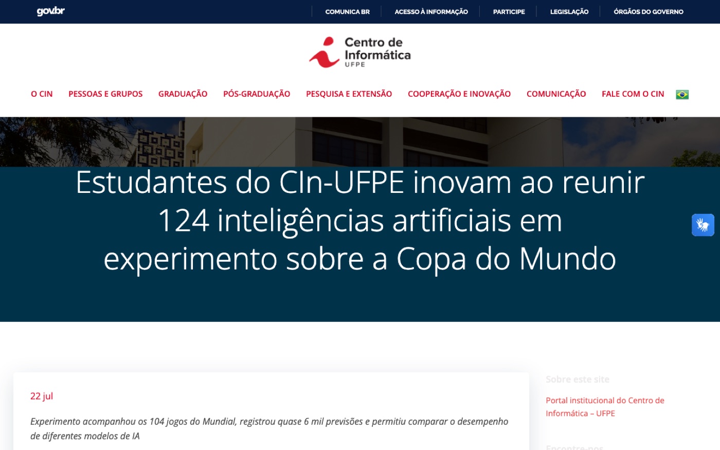 Matéria do portal do CIn-UFPE sobre os resultados do Bolão das IAs, em julho de 2026