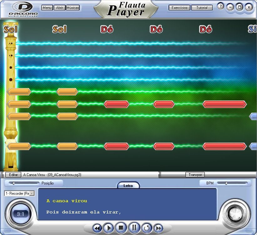Flauta Player, lançado em 27/08/2009: as notas correm até a flauta virtual, que mostra a digitação