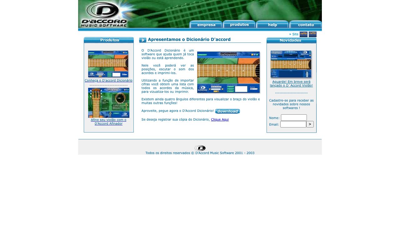 Site da D'Accord em julho de 2003: Dicionário de Acordes, Afinador e o anúncio do D'Accord Violão (Wayback Machine)