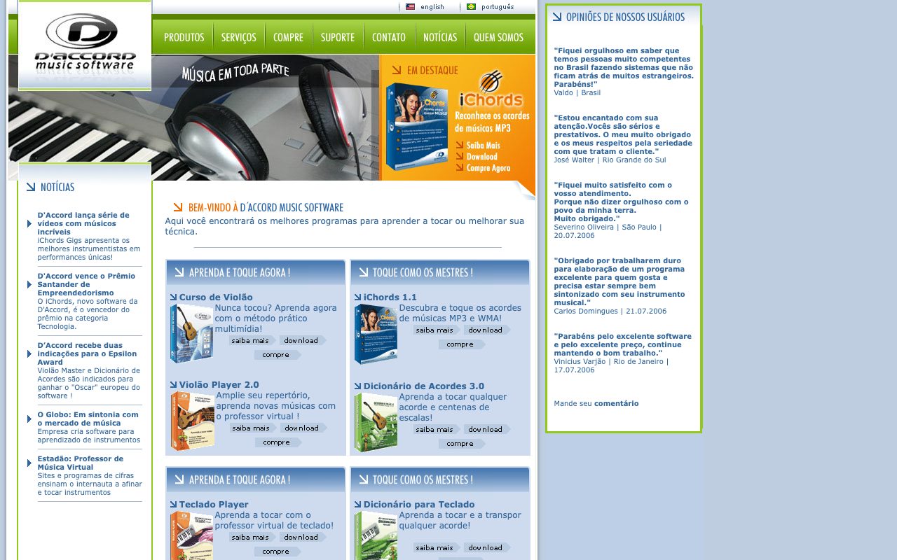 Site da D'Accord em maio de 2007, com o iChords em destaque e as notícias do Prêmio Santander e do Epsilon Award (Wayback Machine)