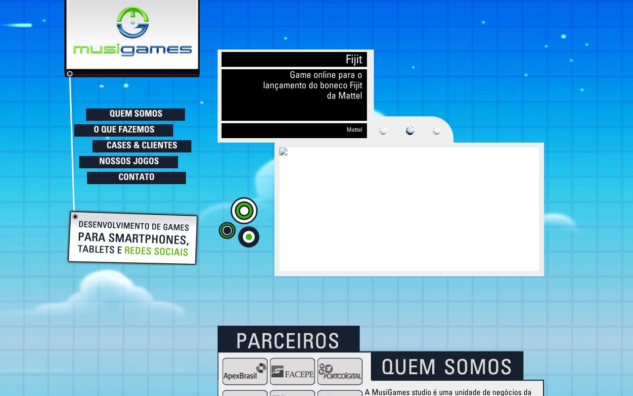 Site da MusiGames em setembro de 2012: cases Fijit (Mattel) e Beijo de Cinema, e a lista de parceiros (Wayback Machine)
