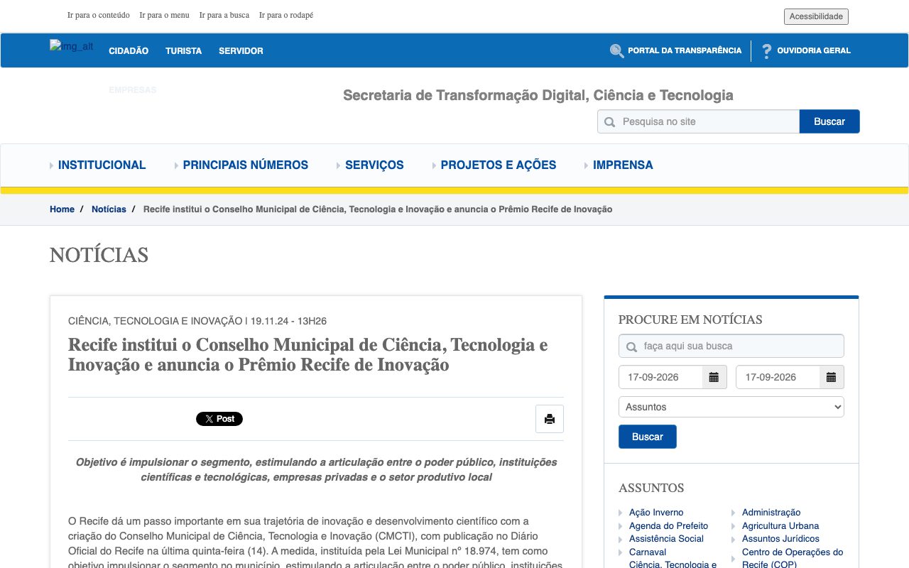 Notícia da Prefeitura do Recife sobre a criação do CMCTI (19/11/2024)