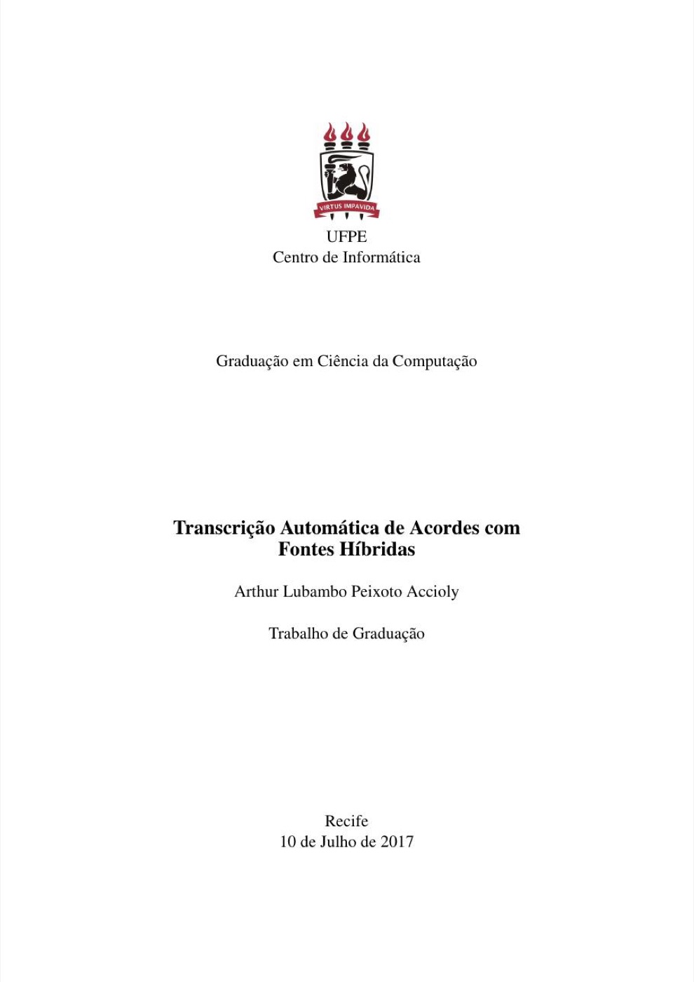 Capa do trabalho de graduação de Arthur Lubambo Peixoto Accioly sobre transcrição automática de acordes