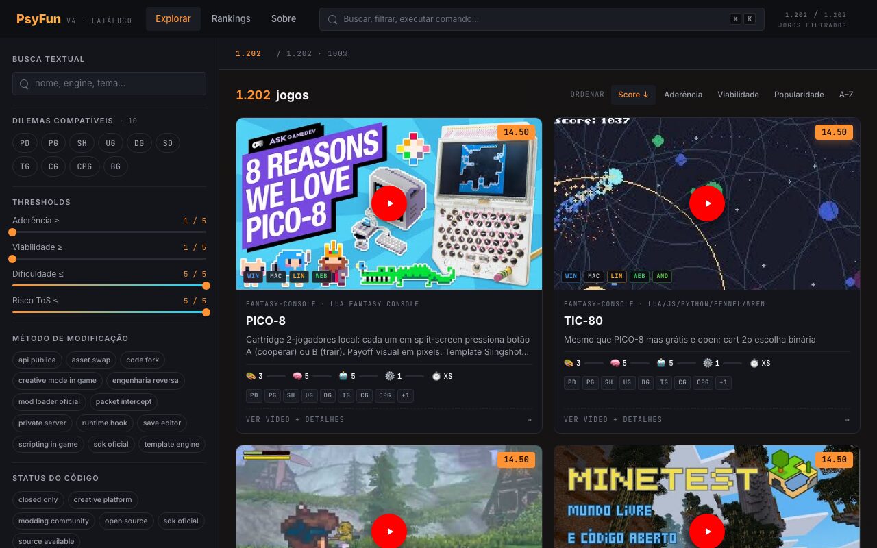 Catálogo PsyFun: 1.202 jogos, busca facetada e paleta de comandos