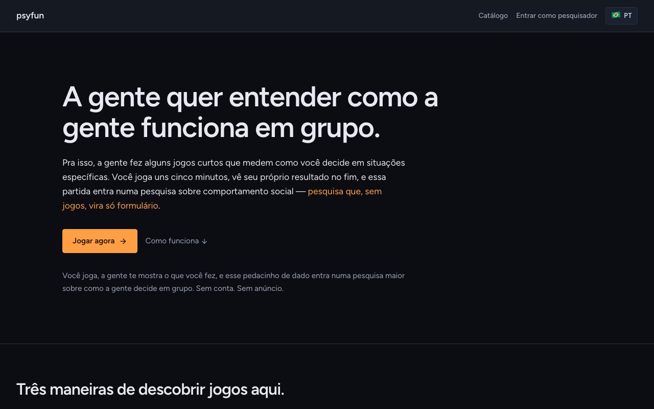 Página inicial da PsyFun Platform, setembro de 2026