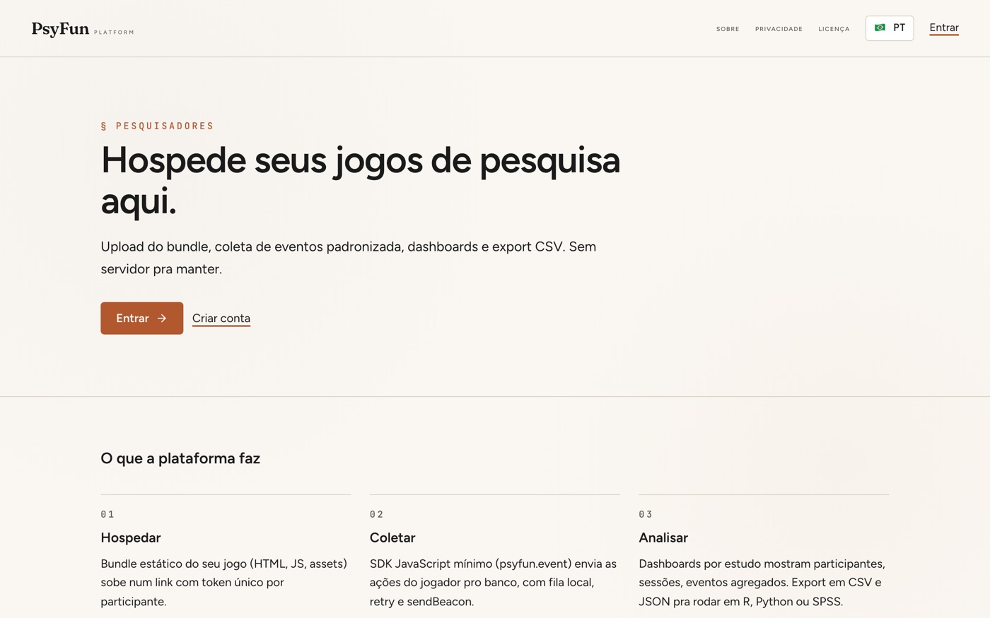 Página para pesquisadores: hospedar, coletar e analisar, com o CSV de exemplo
