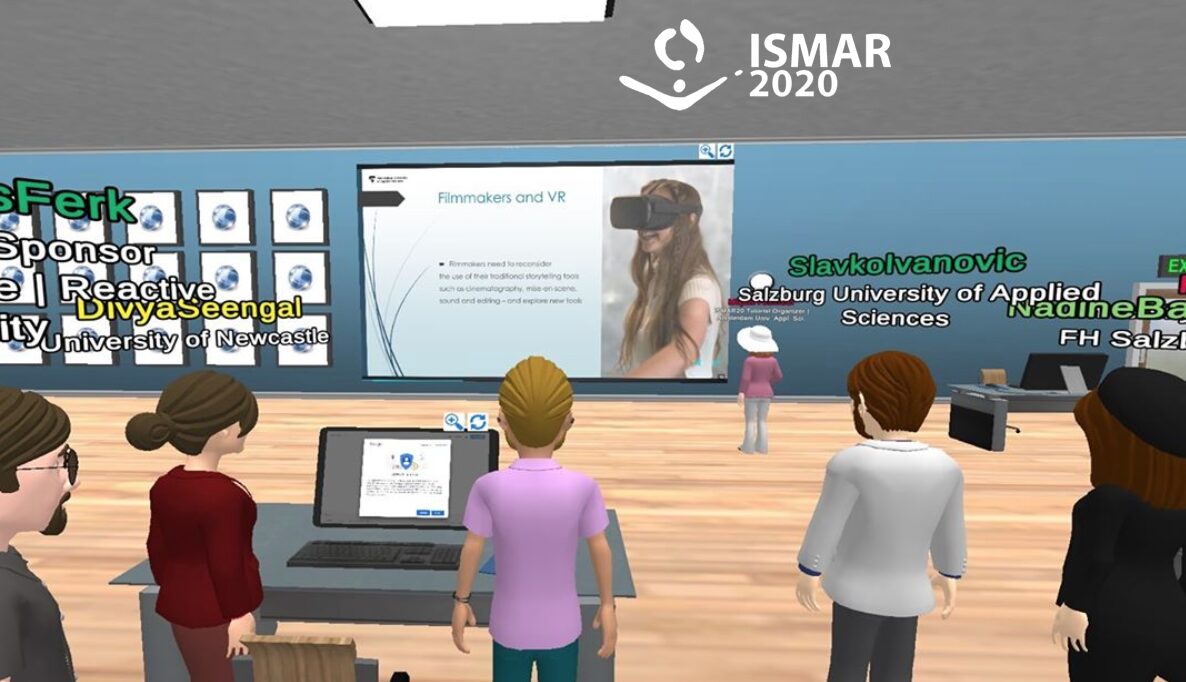 Sessão do ISMAR 2020 dentro do ambiente virtual VirBELA, com avatares diante de uma tela de apresentação