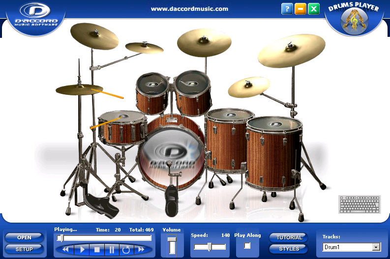Drums Player screen: virtual drum kit and, below, the playback, tempo, and volume controls (capture from 2007)