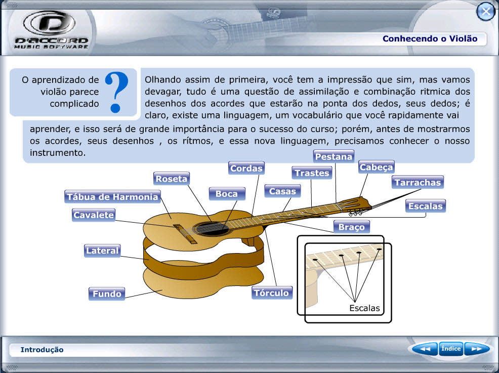 Lesson from the Curso de Violão D'Accord presenting the parts of the violão (capture from 2006)