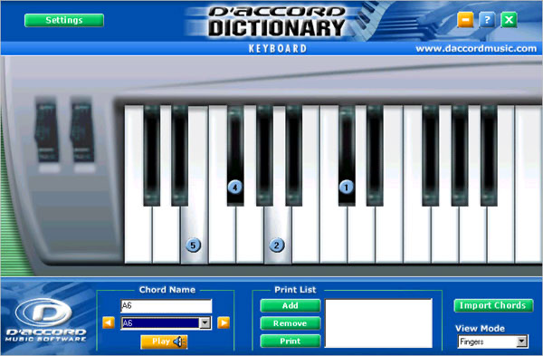 Keyboard Chord Dictionary screen, the English edition of the keyboard dictionary, with the chord notes marked on the keyboard (capture from the online manual)