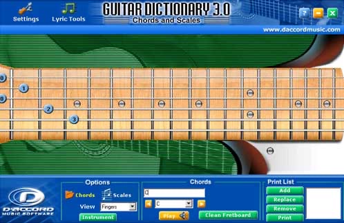 Guitar Dictionary 3.0 screen, the English edition of the chord dictionary, with the guitar neck and the chord and scale panel (capture from 2008)