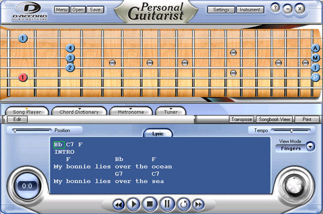 Personal Guitarist screen: guitar neck, playback tabs, dictionary, metronome and tuner, and the lyrics with the chord chart (2007 screenshot)