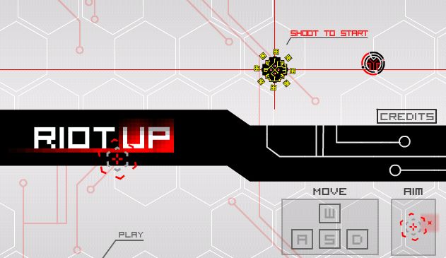 Home screen of Riot Up, with the movement (W, A, S, D) and aiming controls (D'Accord/MusiGames blog, July 2009)
