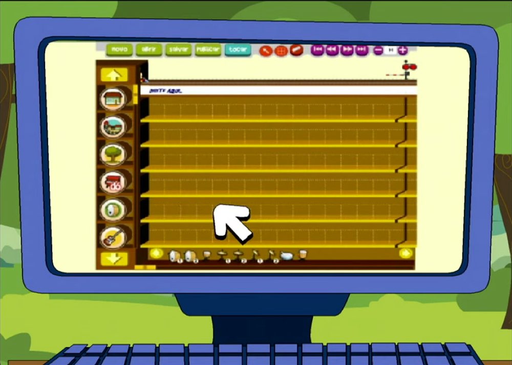 Sound editor with horizontal tracks and scenery icons, shown in the introductory episode of the animated series Turma do Som