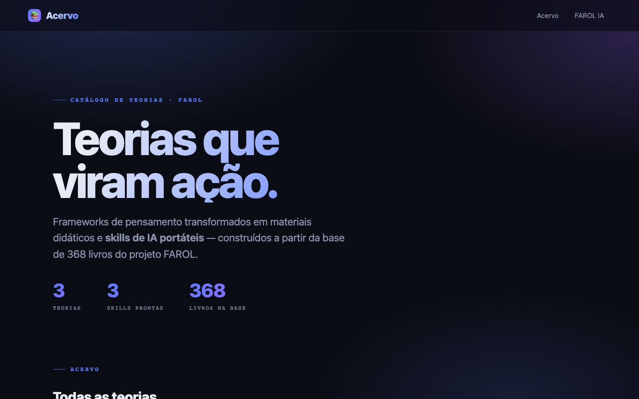 Acervo de Teorias: 3 teorias, 3 skills, 368 livros na base