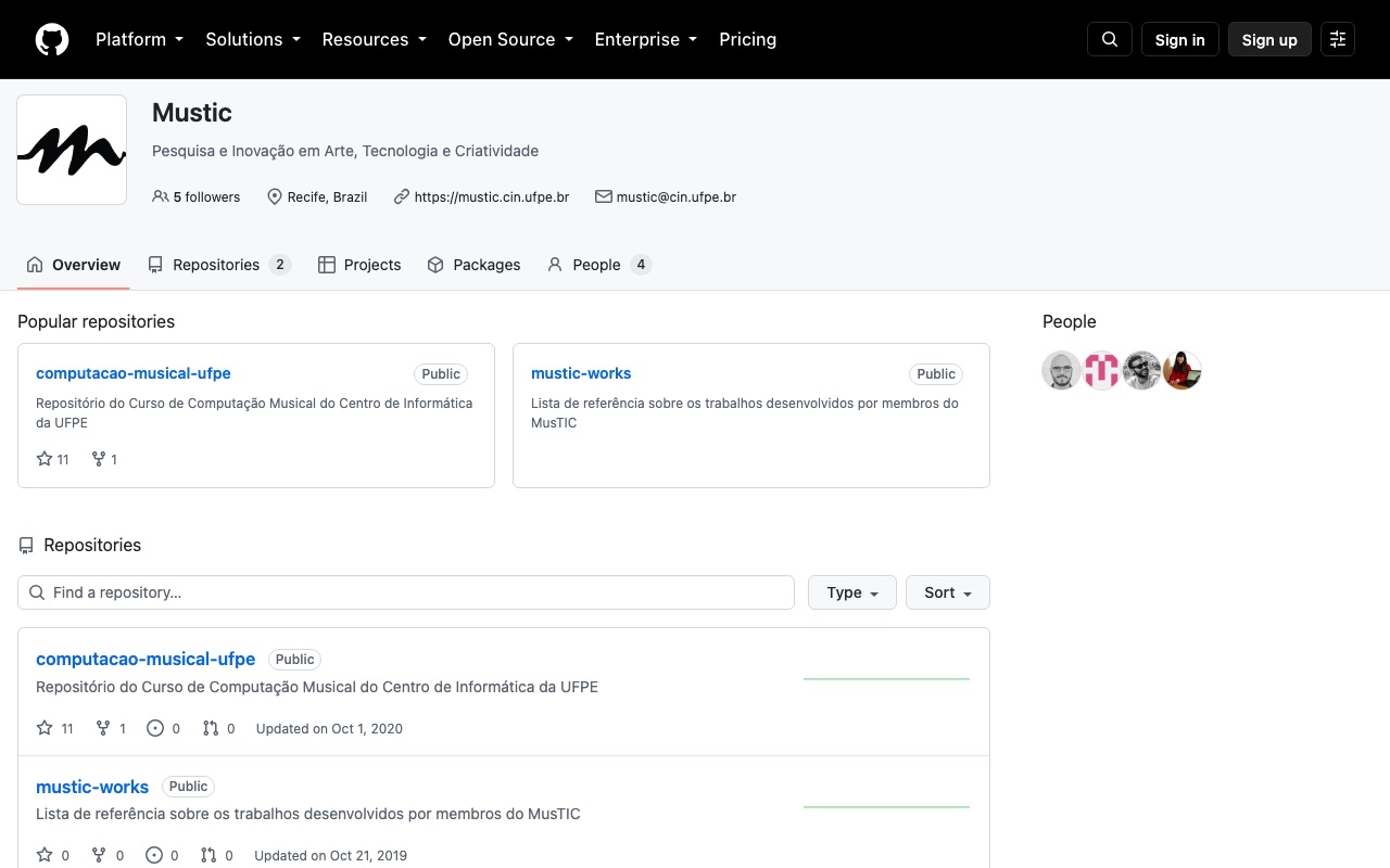 Organização MusTIC no GitHub, com os dois repositórios públicos