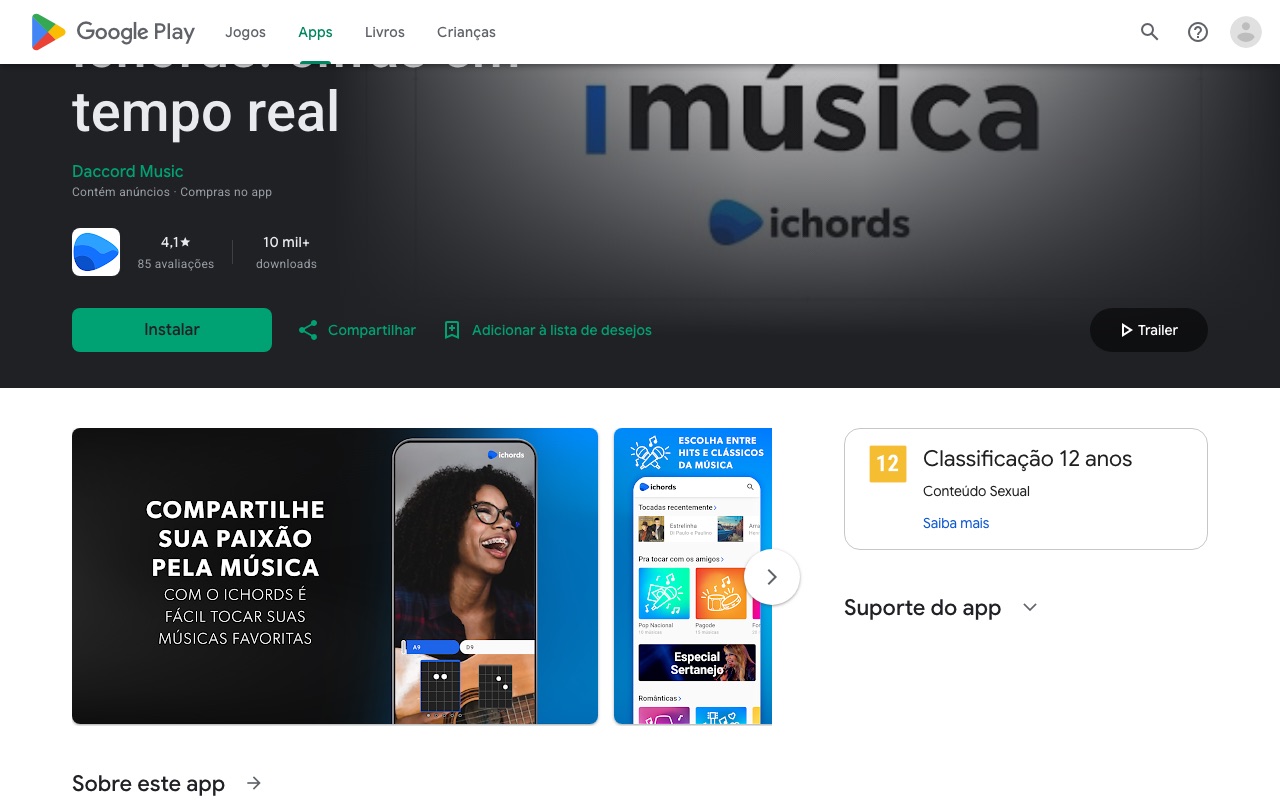 Ficha do iChords na Google Play em 18/09/2026