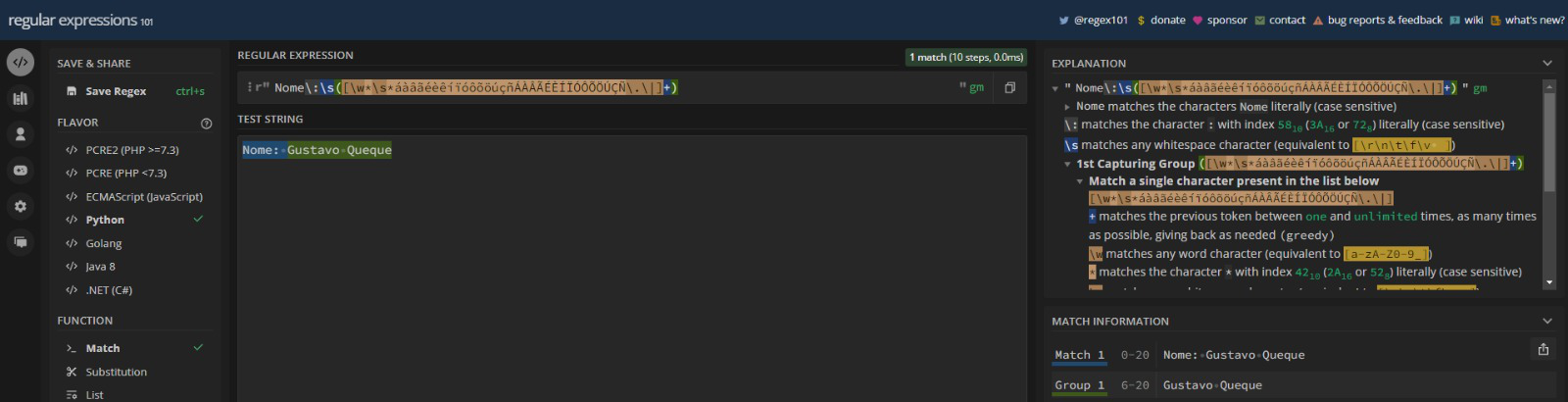 Foto de um exemplo de extração de Regex